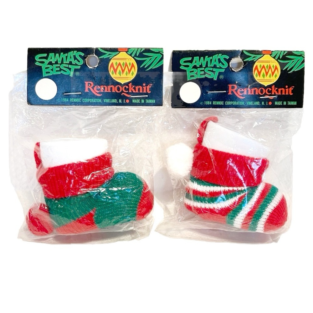 Vintage 1984 Knit Stocking Fillable Christmas Tree Ornaments Holiday Green Red
